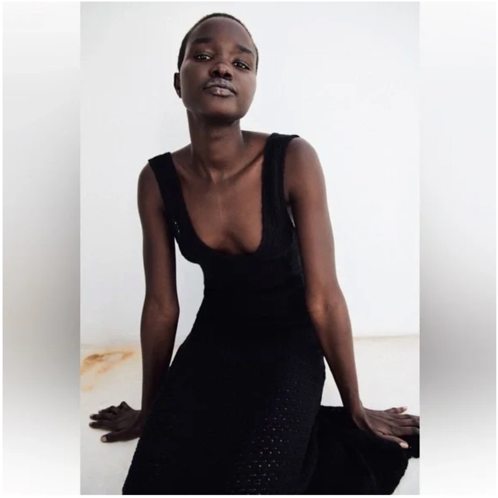 ZARA LONG V-NECK DRESS MIDI MAXI TANK DRESS CROCHET COVERUP BLACK SMALL 4770/151 - Picture 6 of 10